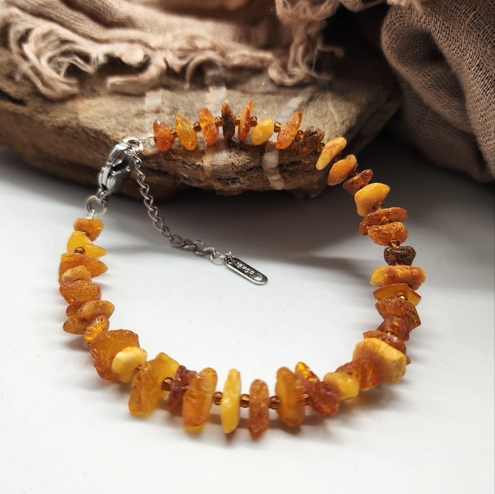 14k White Gold Hypoallergenic Bracelet Amber Stone Genuine Honey Raw Nugget